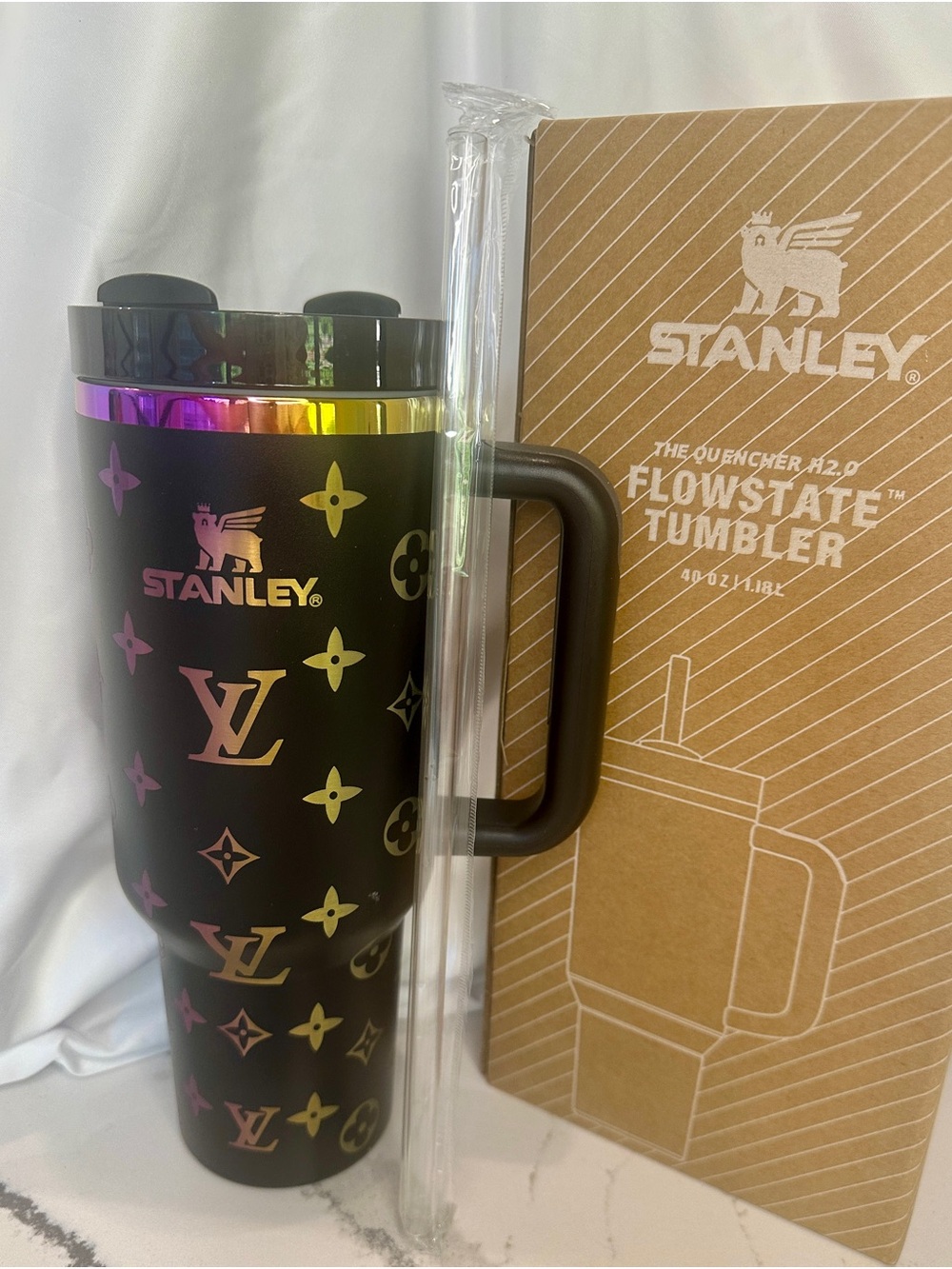 Black LV Style Stanley 40oz      Oil Slick Rim Laser Engraved  New W/Box & Straw